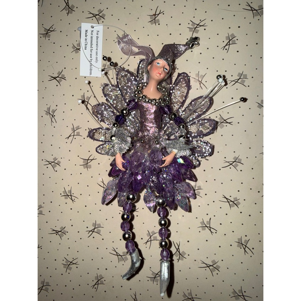 Purple Fairy Jester Ornament Beaded‎ Glitter Wings Fantasy Holiday Decor Silver